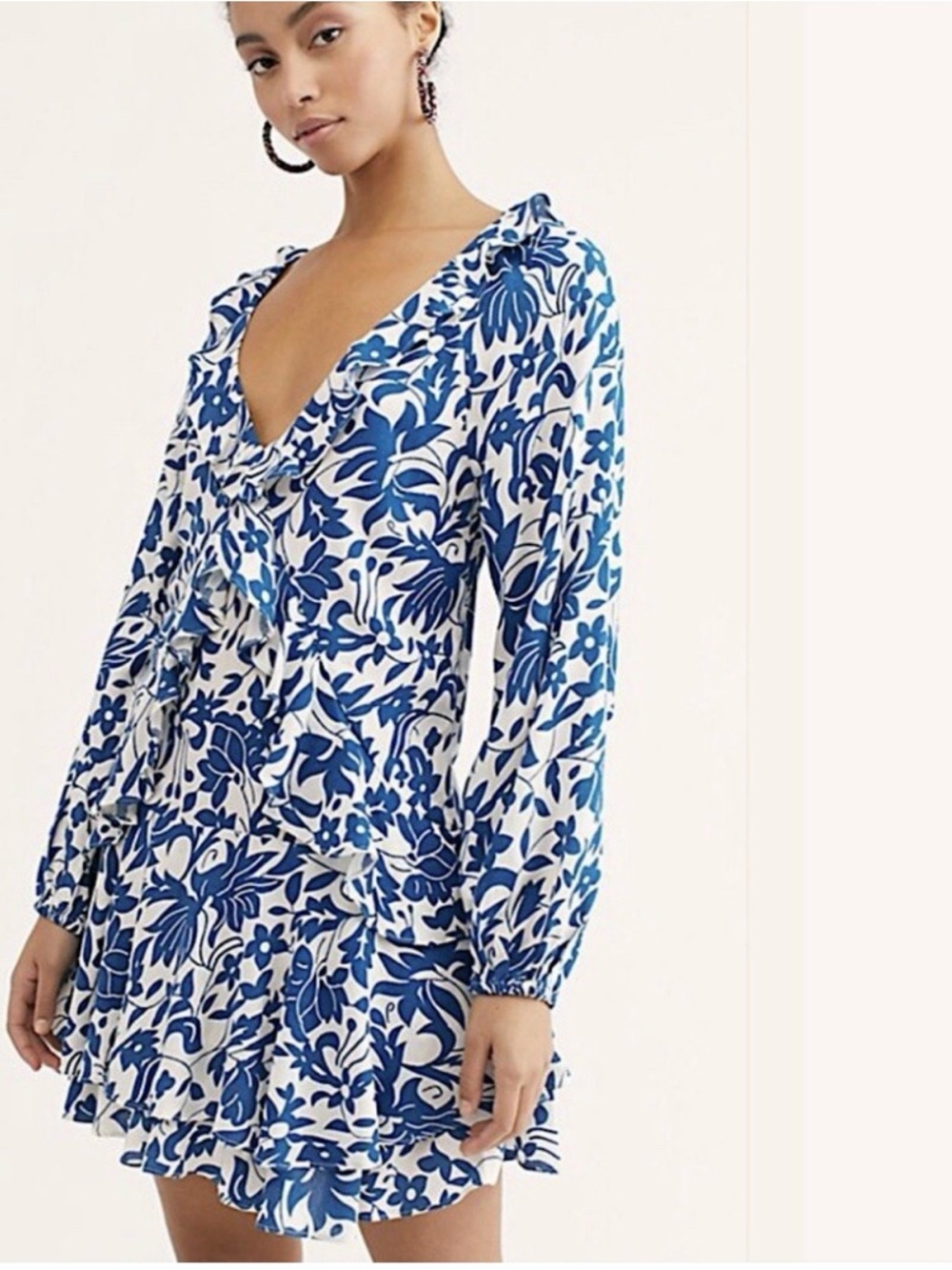 Free People Rebecca Ruffle Dress Blue White Floral Boho Cottagecore Whimsy XS